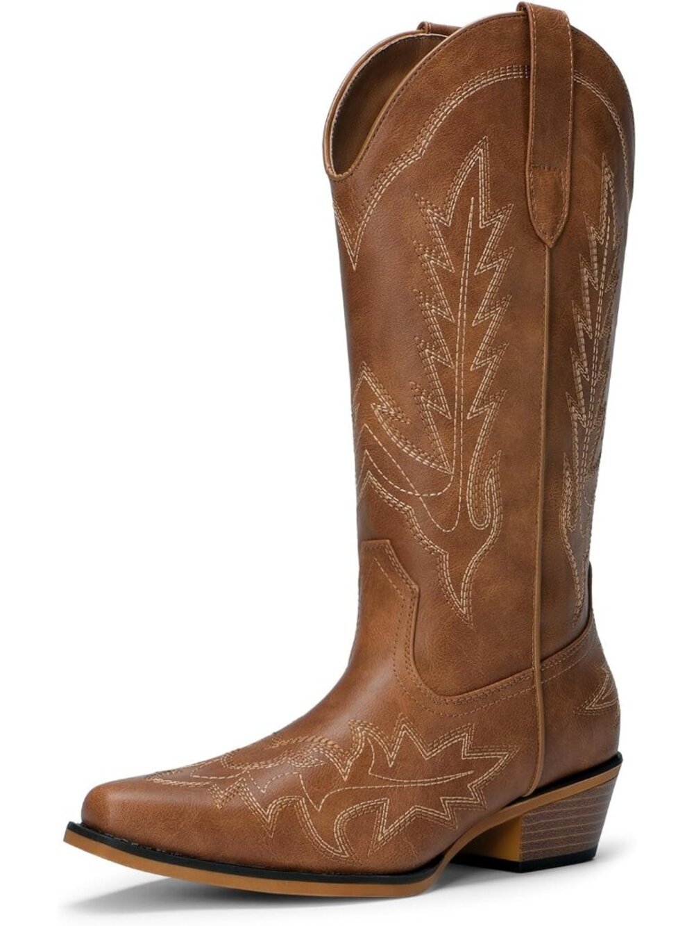 Women's Brown Faux Leather Pointed Toe Western Mid Calf Low Chunky Heel Boots